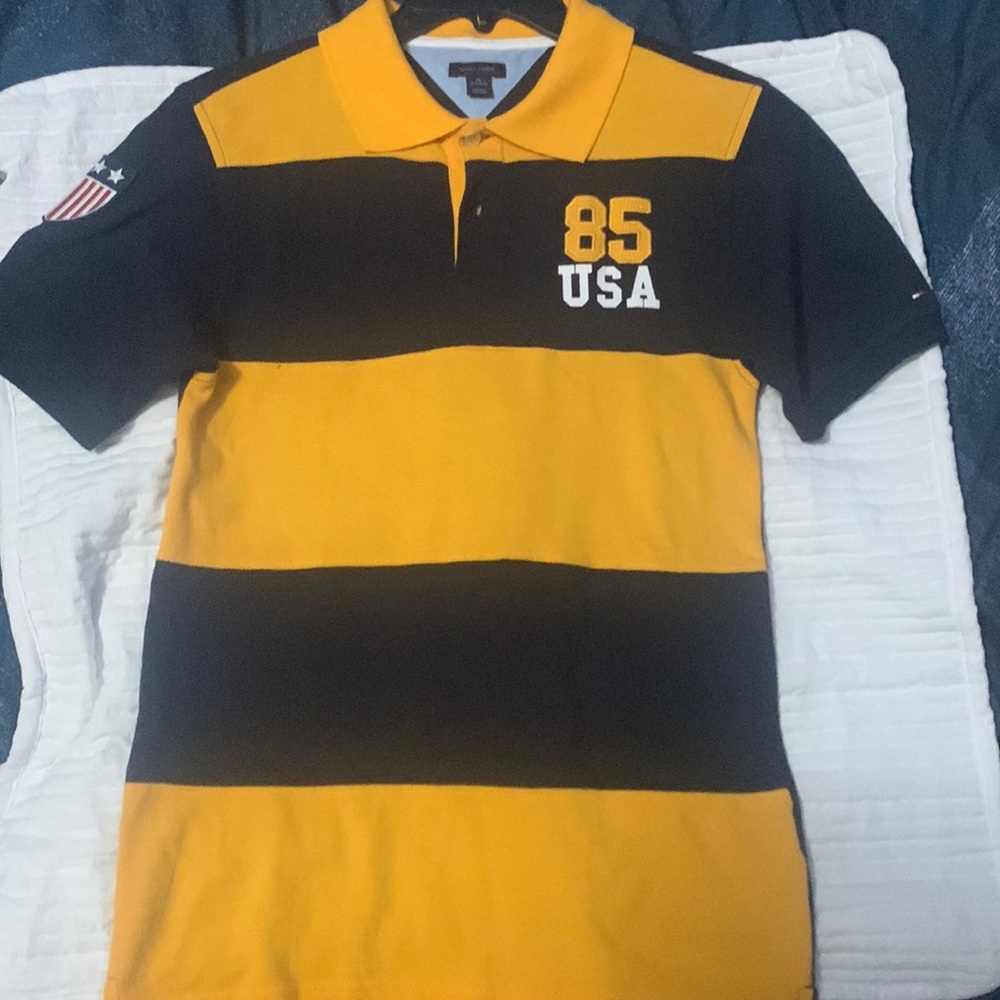 Striped Gold and Navy Blue Tommy Hilfiger Polo | Boys Size 12-14
